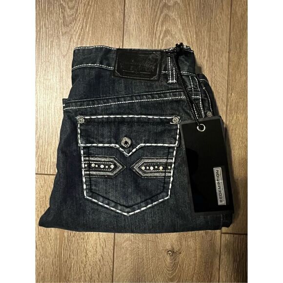 Redemption Denim Men’s Size 36x30 Jeans Blue Dark Wash Embroidered Straight NWT - Picture 2 of 13